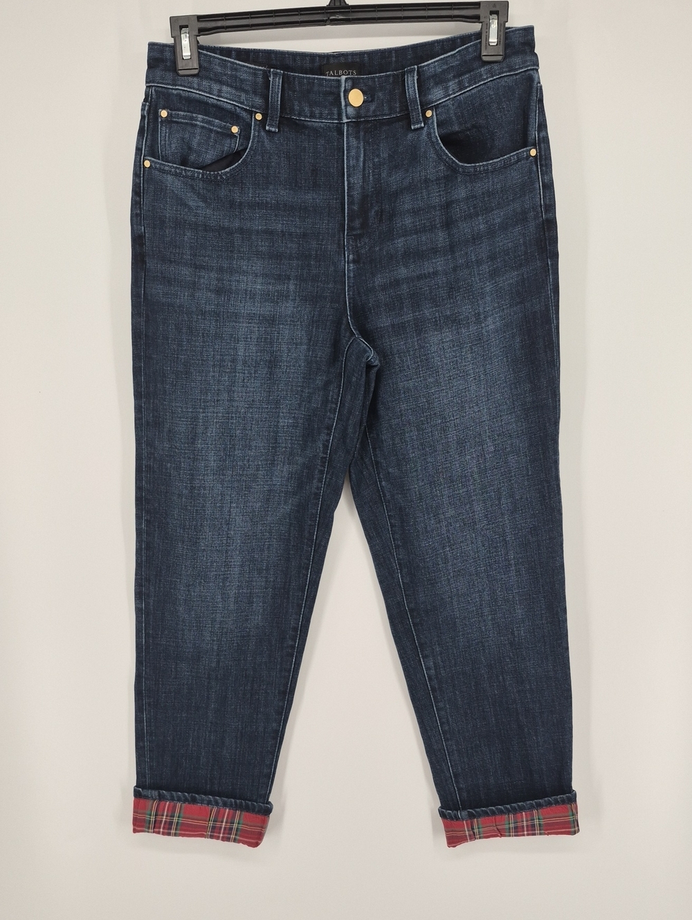 Talbots Everyday Relaxed Jean Womens 8 Blue Dark Wash Denim Mid Rise Plaid Cuff